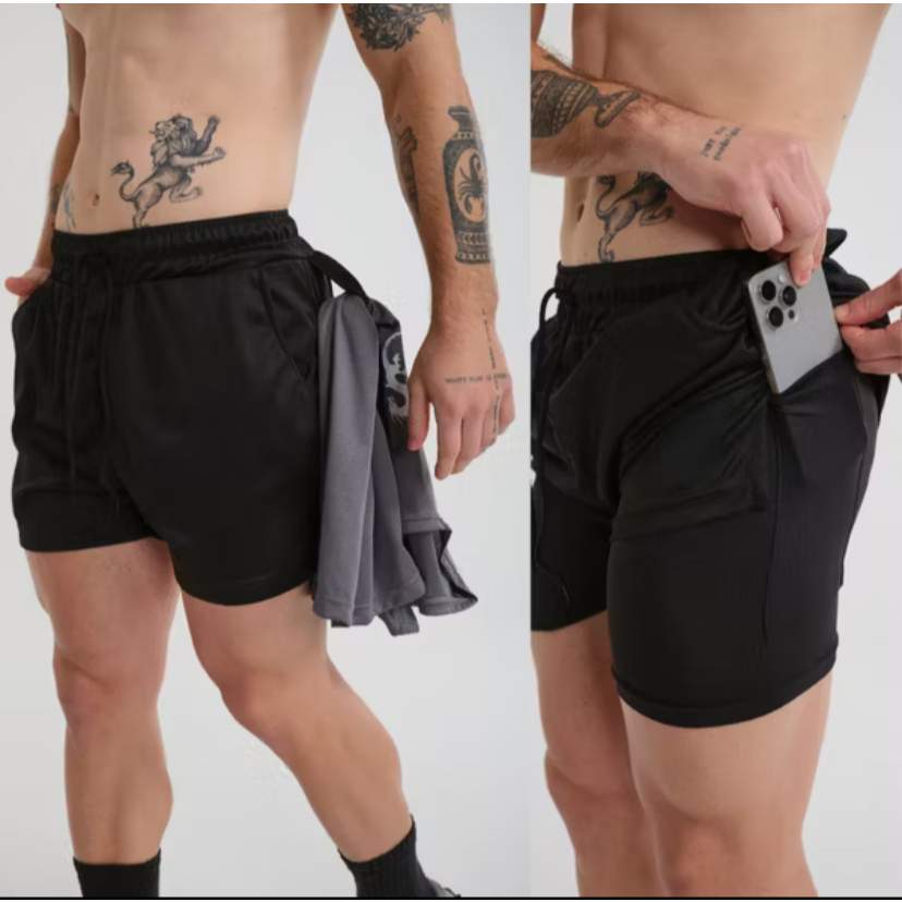 Kit 2 Bermudas Masculinas 2 em 1 Academia com Bolso Interno – Shorts Forrados interno Compressão