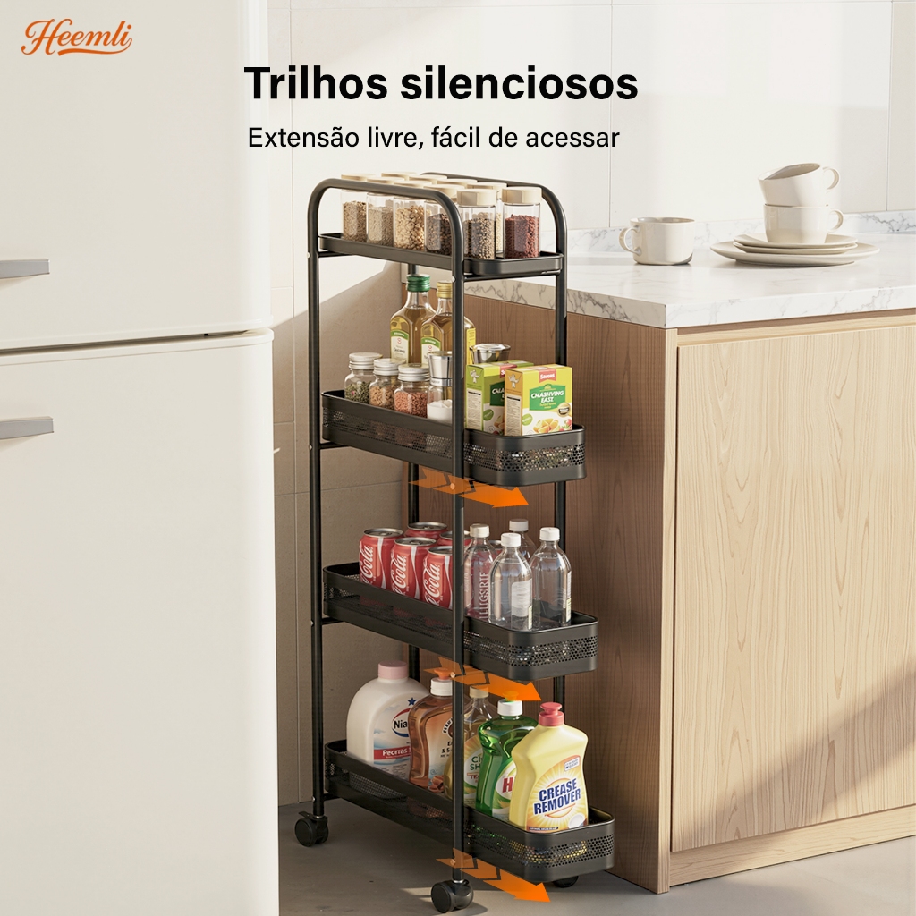 Organizador Estreito com Rodas 4 Andares Carrinho Multiuso Deslizante Cozinha Heemli