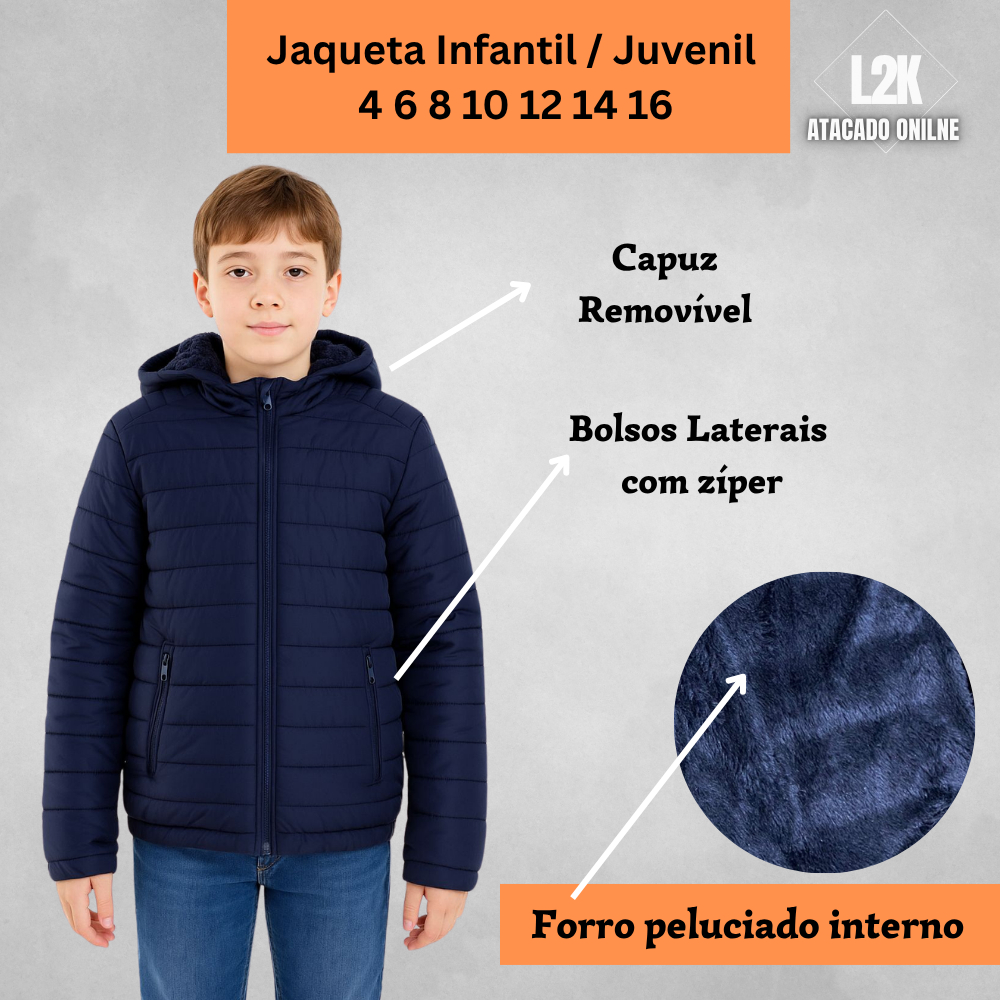 Jaqueta Infantil Juvenil Menino Masculina 4 6 8 10 12 14 16 Apeluciada com Forro Interno Preto Azul em Oferta na Shopee