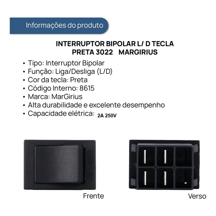 CHAVE MARGIRIUS 30222 TECLA PRETA 4 TERMINAS LIG DES 2AMPER 250V