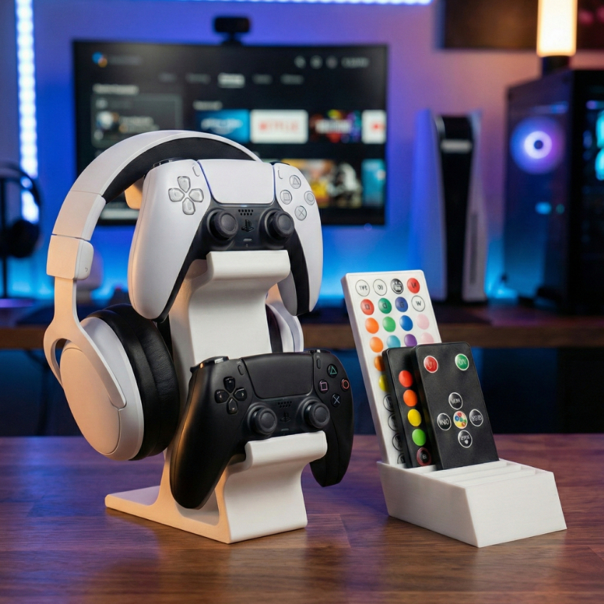 Suporte Triplo para Controles Xbox Serie X/S/One PS4 PS5 e Fone Headset + Organizador Controles LED