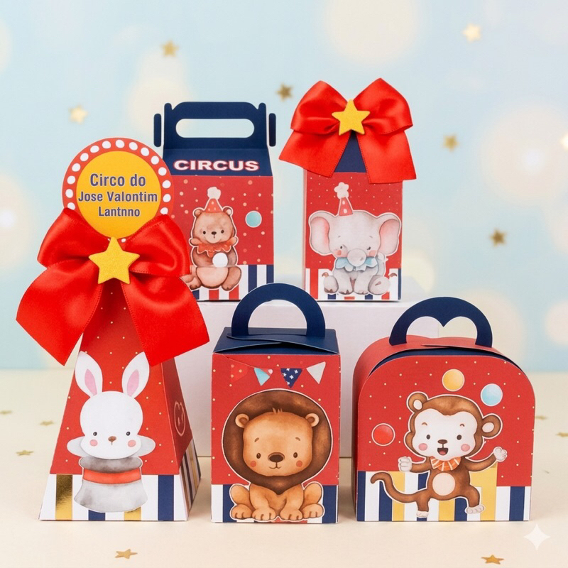 Kit Festa Infantil Circo Menino Personalizado Pegue e Monte 20 Caixinhas Lembrancinha Aniversário Infantil