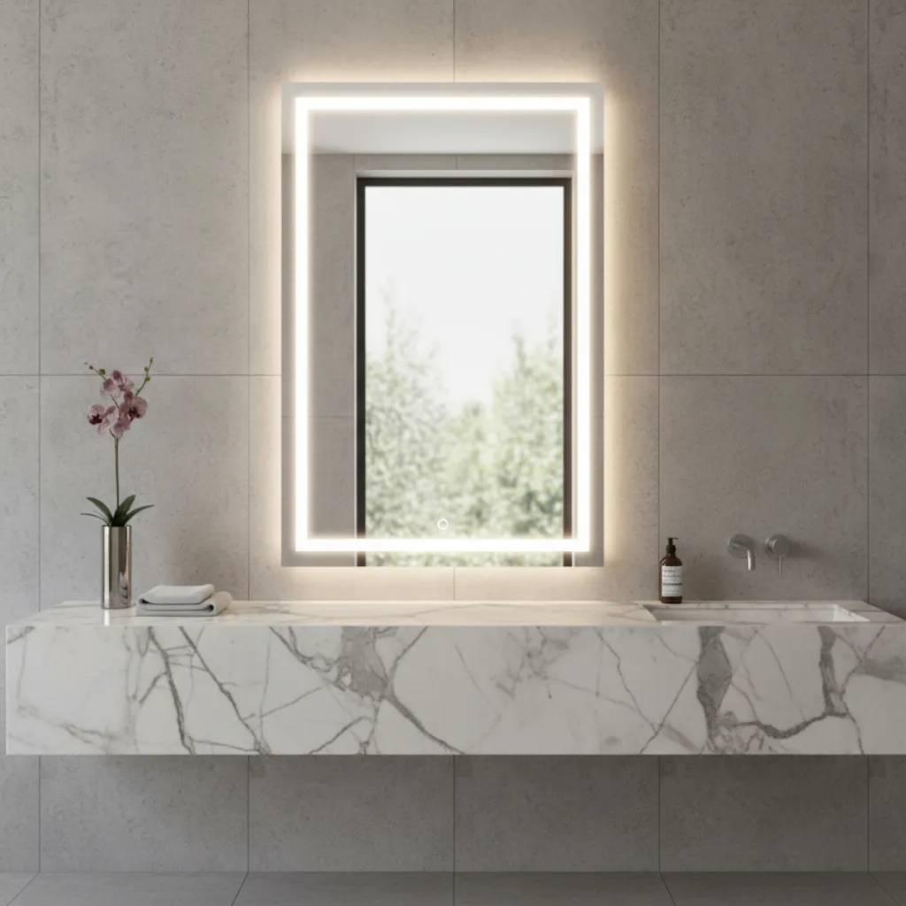 Espelho Grande com Led 3 cores e Touch Jateado Fino 70x50cm Lapidado para Banheiro e Decor...