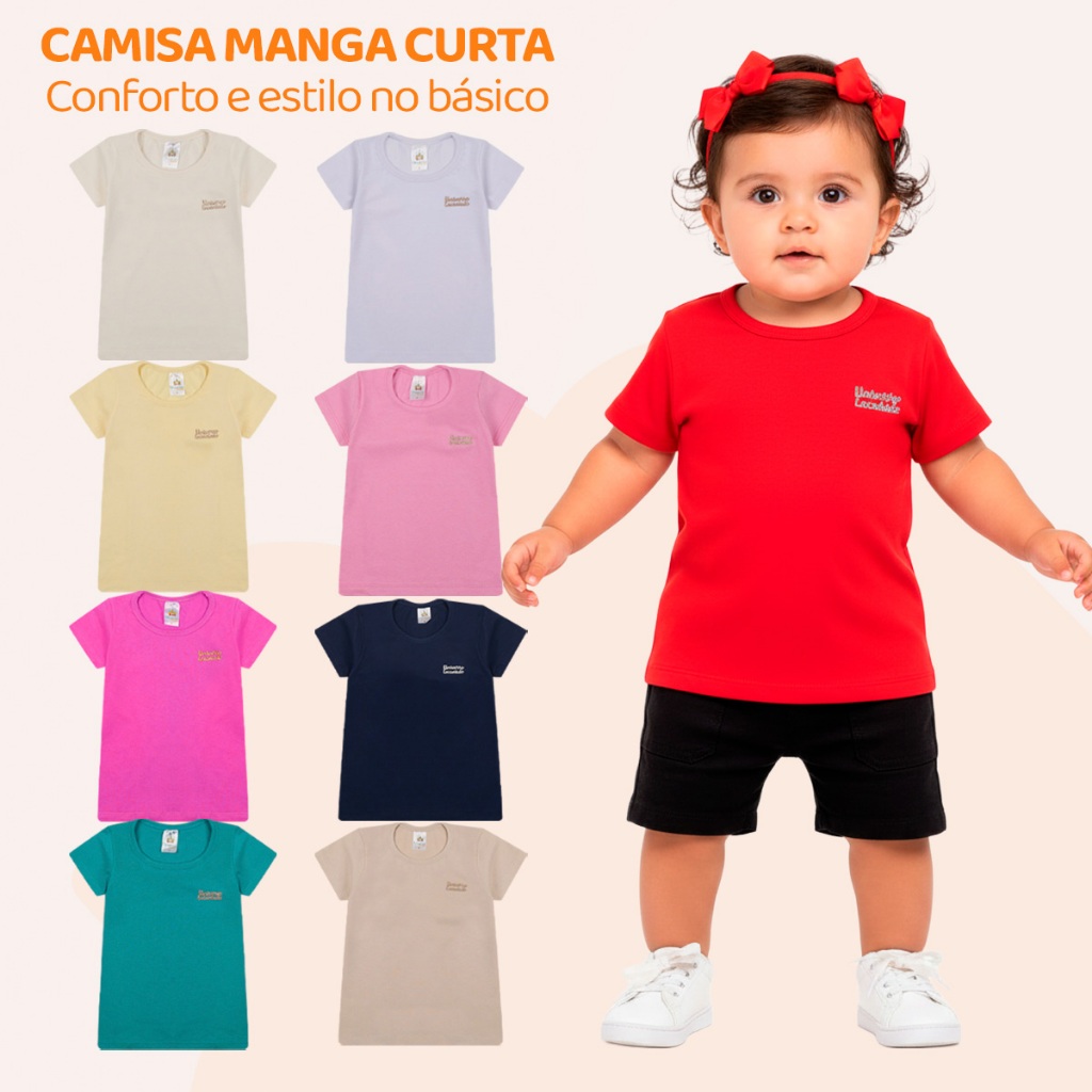 Kit 5 Blusa Manga Curta Infantil Bebê Menina 100% Algodão Lisa Básica