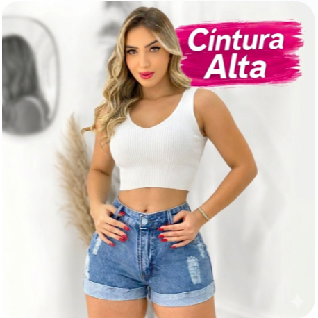 Short Jeans Feminino Claro Cintura Alta Destroyed Barra Dobrada Confortável 36 ao 48
