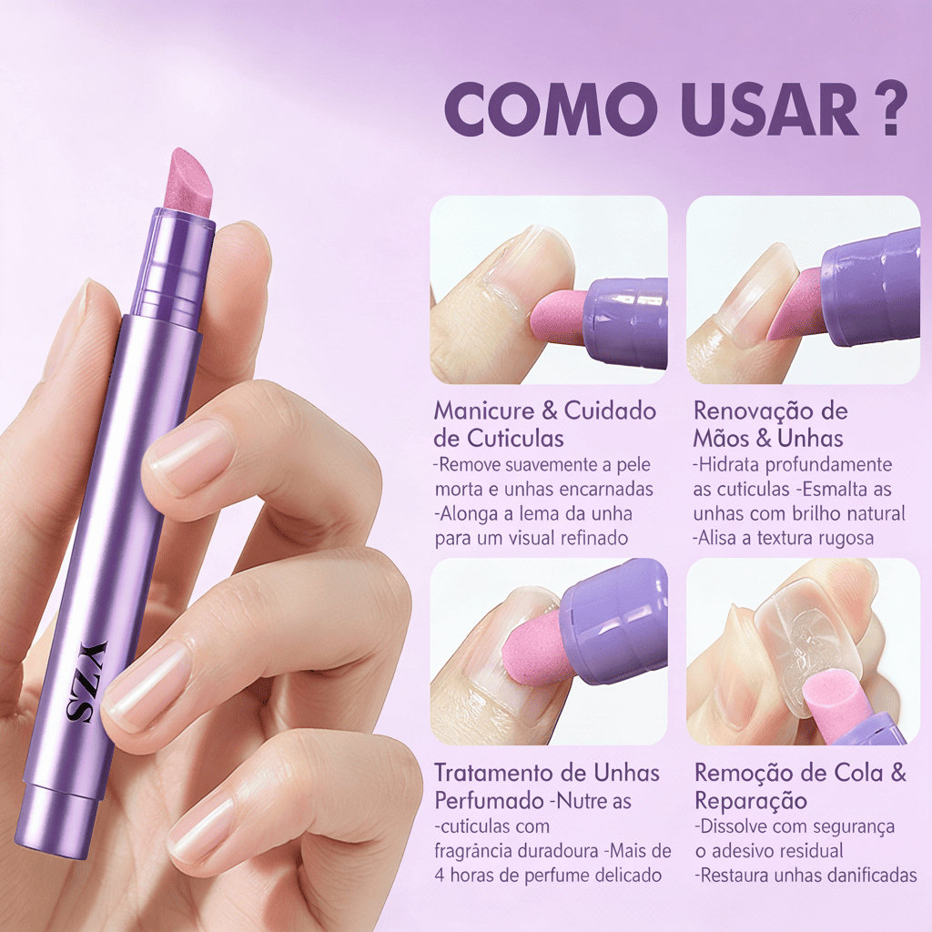 Caneta 3 em 1 para Cutículas – Óleo Hidratante com Ponta de Cerâmica para Unhas Secas