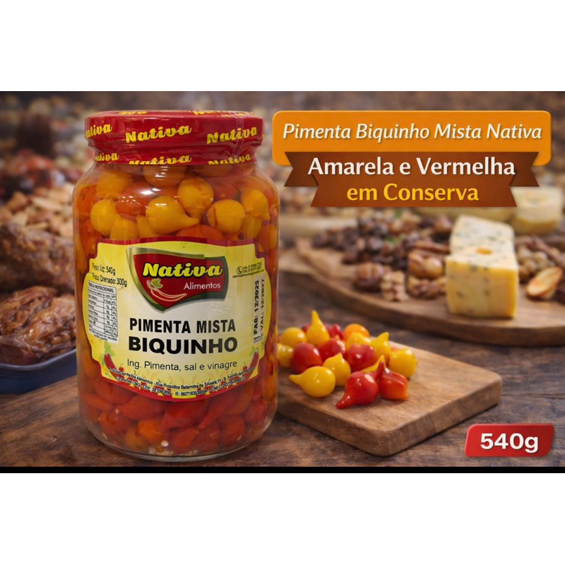 Pimenta Biquinho Mista Nativa 540g Conserva Suave Amarela e Vermelha para Petiscos