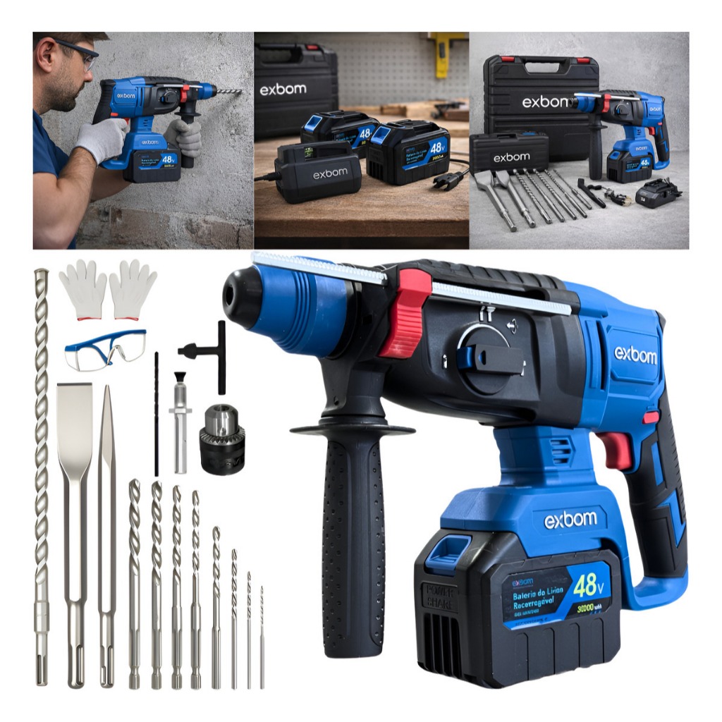 Martelete de impacto Rompedor Com 2 Baterias Perfurador Brushless 4 Em 1 Profissional Sem Fio