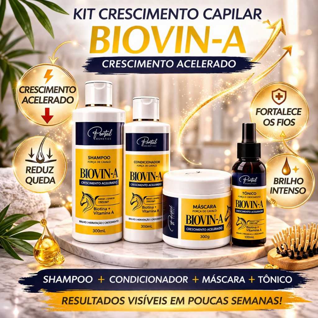 Kit Biovin-A Crescimento Capilar Acelerado Portal Cosmetics Shampoo + Condicionador + Máscara + Tônico Anti Queda Biotin