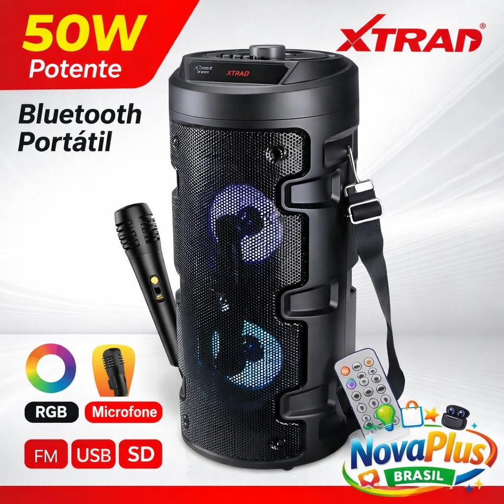 Caixa de Som Bluetooth Portátil 50W XTRAD XDG-139 RGB com Microfone, Controle, FM, USB e Cartão SD