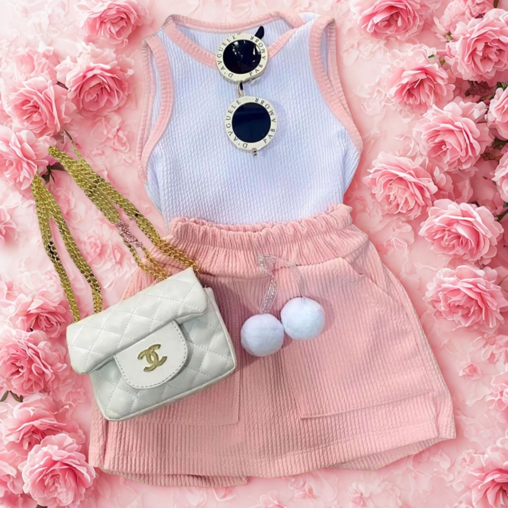 Conjuntos Infantis Menina – Regata Ribana + Short Ana Ruga com PomPom em Oferta na Shopee