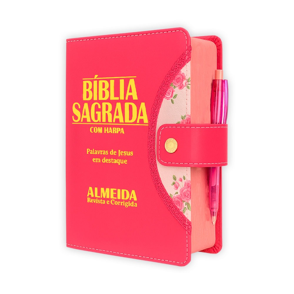 Bíblia Sagrada Letra Grande - Pink - Botão e Caneta Revista e Corrigida - SI
