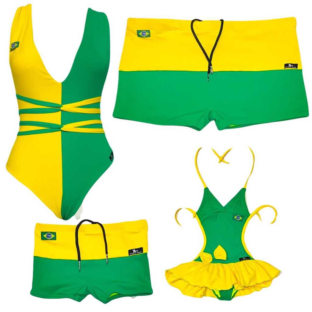 Monte Seu Kit Moda Praia Familia Brasil Copa 2026 Mae, Pai, Filha e Filho Maio Sunga Biquini Proteção UV