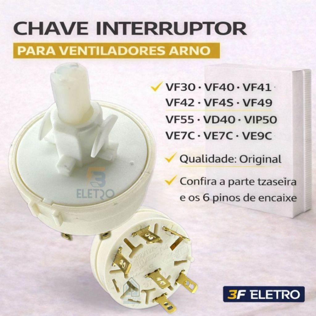 Chave Interruptor Ventilador Arno Turbo VF40 VU40 VD40 ME40 TS40 VF41 VF42 VF45 VF55 Original