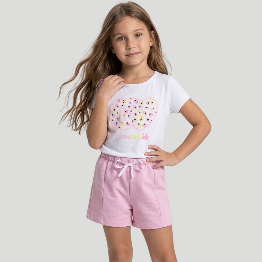 Conjunto Infantil Juvenil Verão Roupa Menina Blusa Meia Malha Algodão Shorts Moletinho Confortável Tamanho 4 ao 14