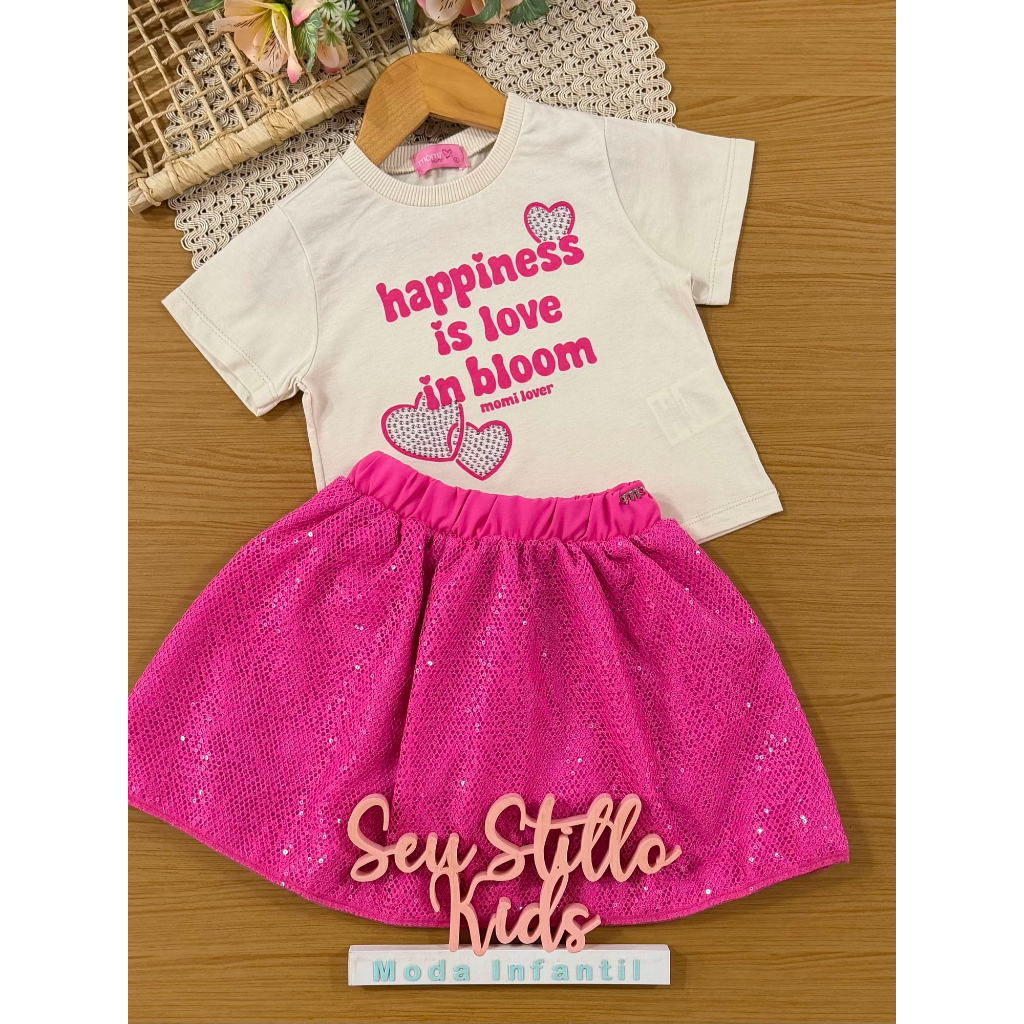 Conjunto Infantil Momi Inverno com Saia Rosa e Blusa Manga Longa Happiness