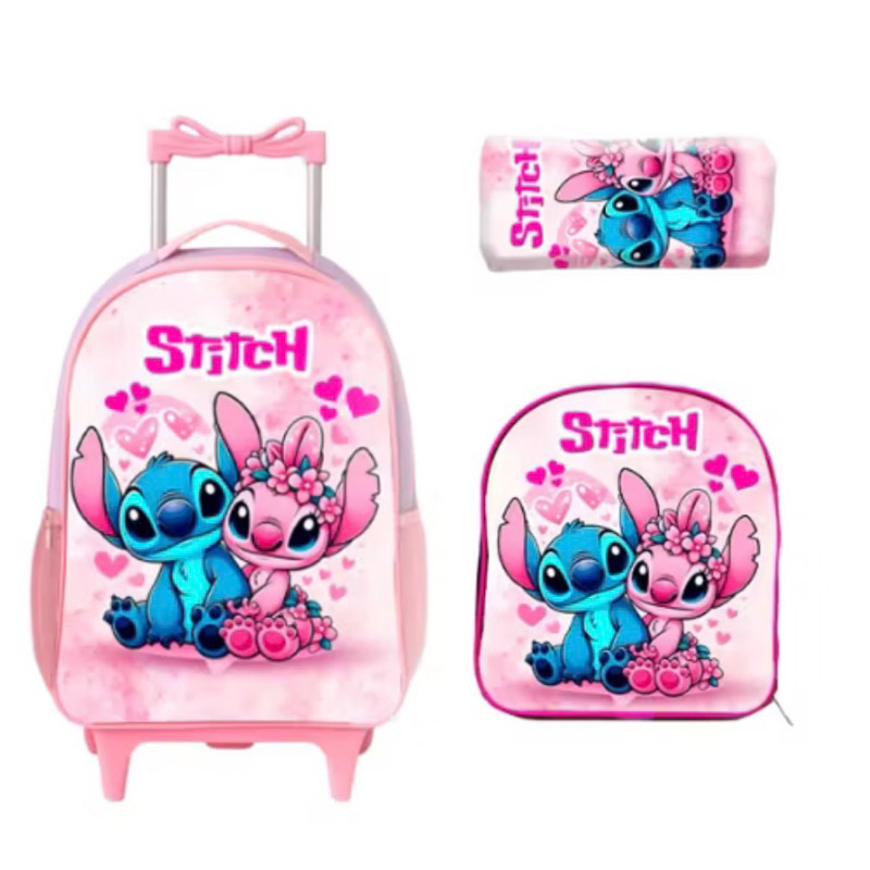 kit de mochila escolar infantil com lancheira e estojo do Stitch feminina