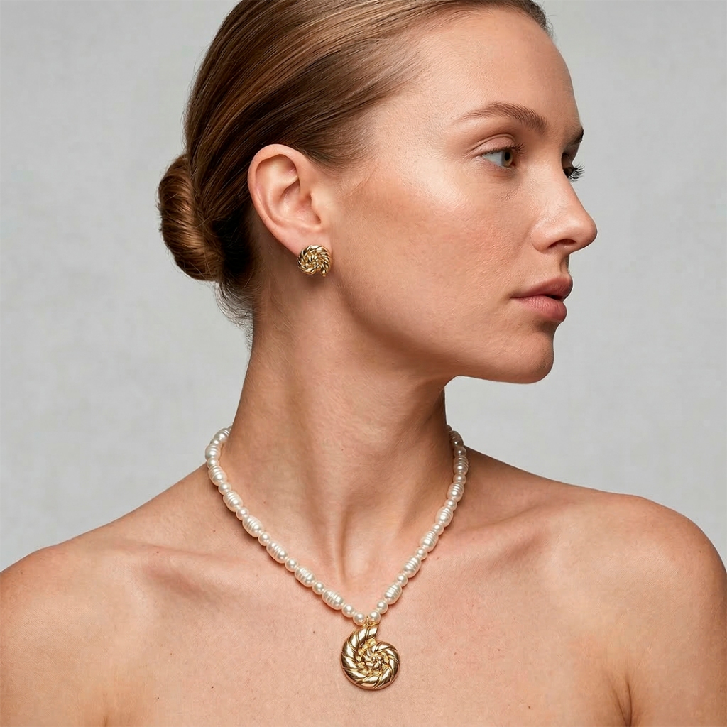 Conjunto Caramujo Listrado e Pérolas Colar e Brincos Banhado a Ouro 18k Feminino Semi Joias