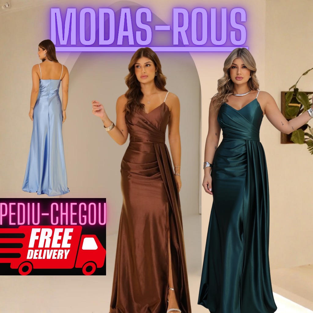 Vestido Femenino Longo de Maia Cetim Elegante com Fenda – Festa & Formatura