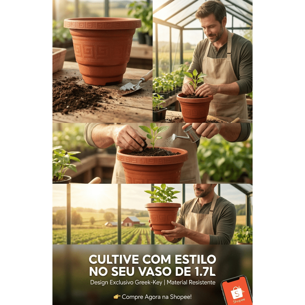 Kit Vaso Decorativo 6 Peças Plástico 1,7L Resistente | Cachepot Redondo com Detalhe Grego | Ideal para Plantas e Flores