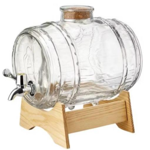 Barril para cachaça, vinho e licor em vidro com suporte de madeira 1 litro