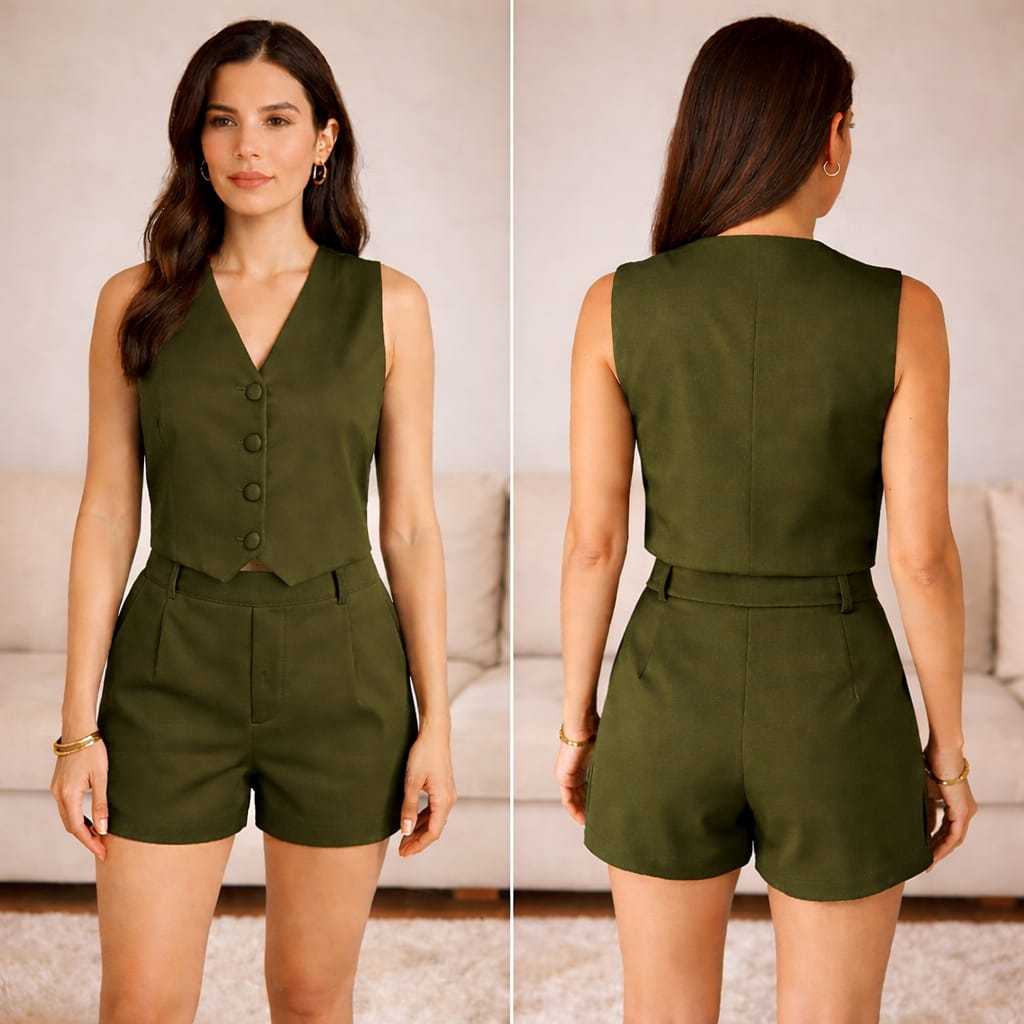 Conjunto Feminino Alfaiataria Short e Colete em Oferta na Shopee