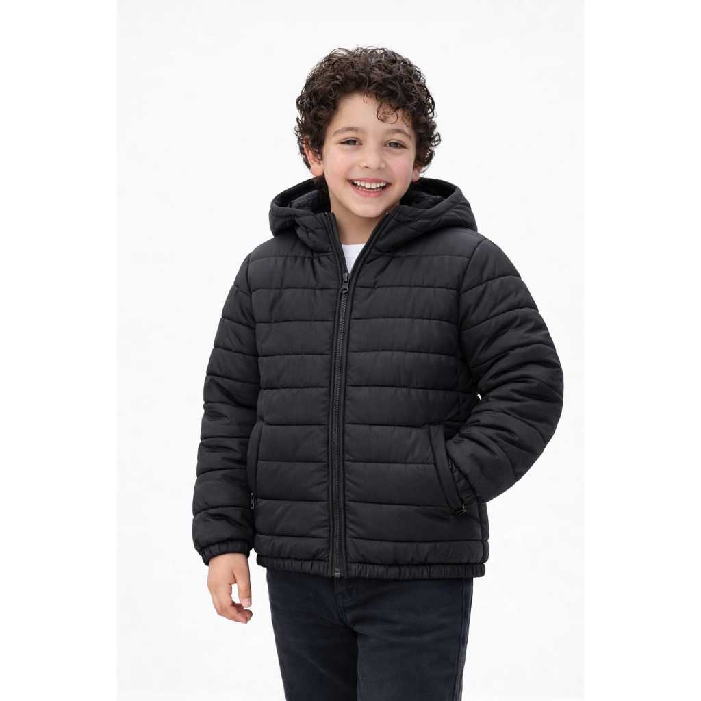 Jaqueta Infantil e Juvenil Impermeavel Preta Puffer Forrada Com Pelo Com Capuz