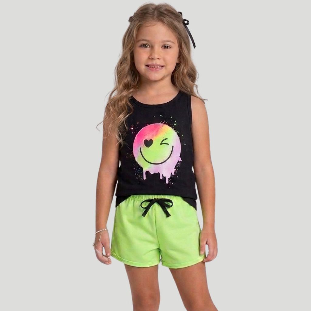 Conjunto Infantil Menina Verão Regata Emoji Neon Shorts Moletinho Roupa Leve Moda Kids
