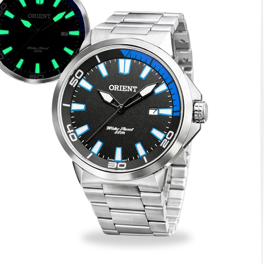 Relógio Orient Masculino De Pulso Prateado Casual Em Aço Inox Quartz Data Brilha No Escuro  Prova D'água 5 ATM Original