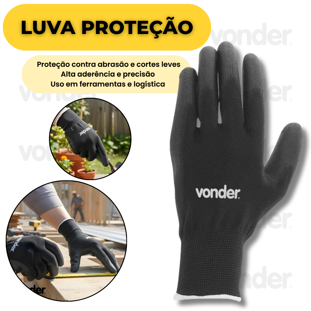 Luva de Poliéster com Poliuretano Preta Tamanho 8, 9 e 10 Profissional Antiderrapante - VONDER