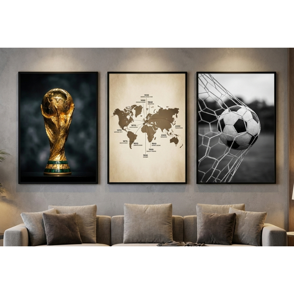 Quadro Decorativo Futebol Copa do Mundo Bola na Rede Mapa Vintage Kit 3 Peças MDF Sala Quarto Gamer Esporte