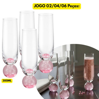 Jogo Kit 02/04/06 Taças Vidro Cristal 300ML Orbe Rose Champanhe Bubble Esfera Drink Luxo Chique