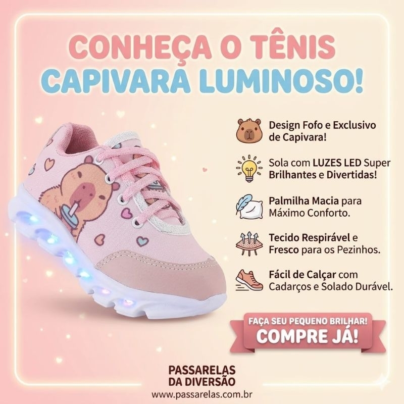 Tênis Infantil LED CAPIVARA de menina led Personagem luzes colorida Envio IMEDIATO