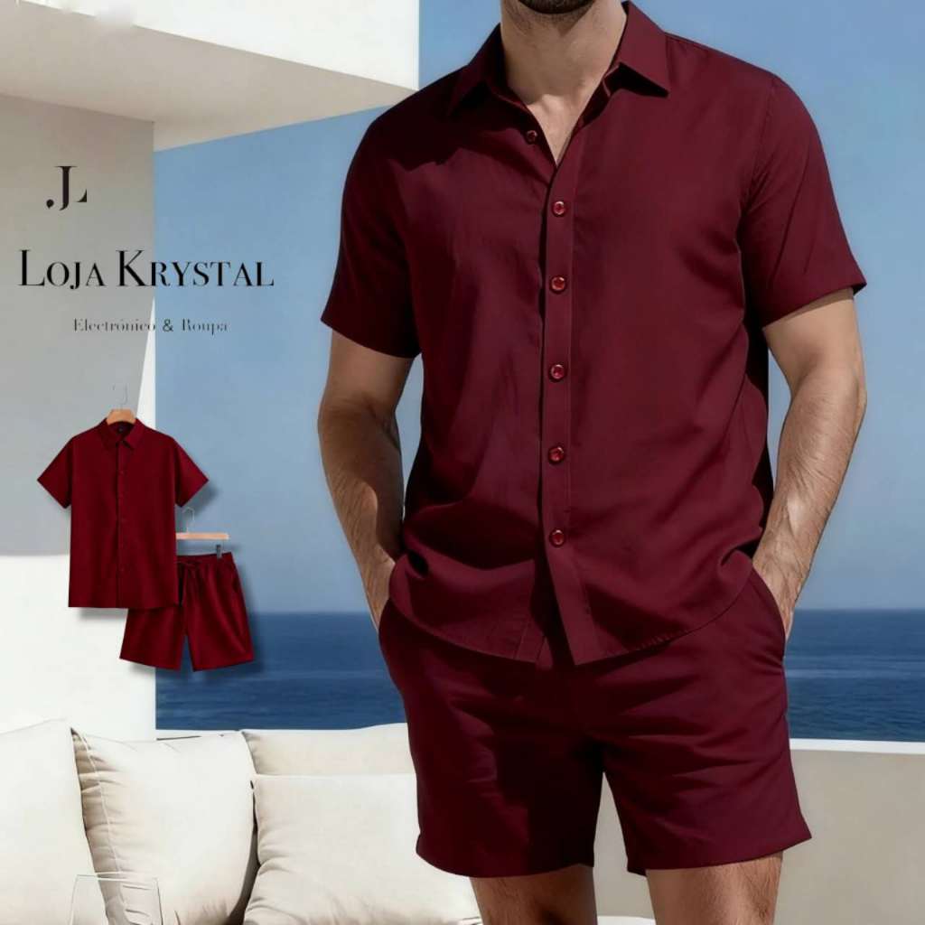 LK Conjunto Masculino Camisa Botão e Shorts Mauricinho Crepinho P M G GG