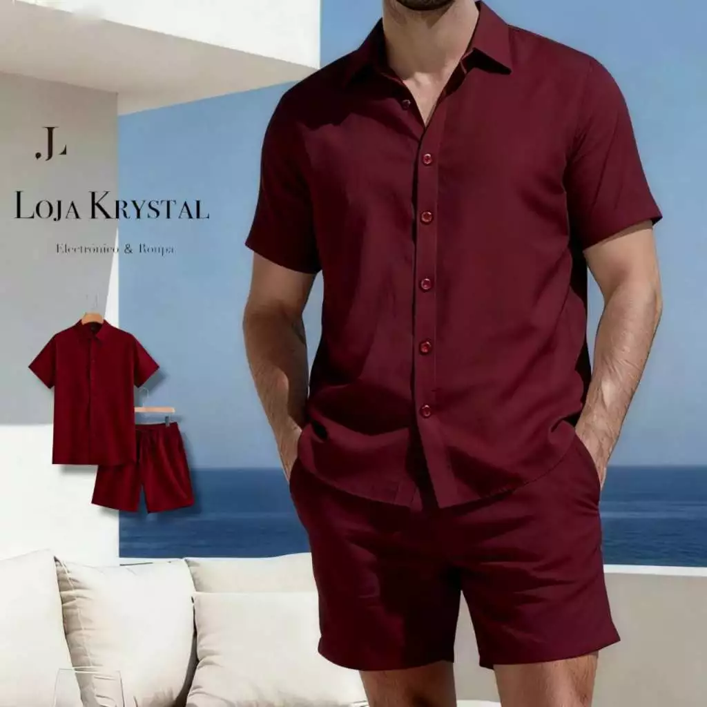 LK Conjunto Masculino Camisa Botão e Shorts Mauricinho Crepinho P M G GG — imagem 1