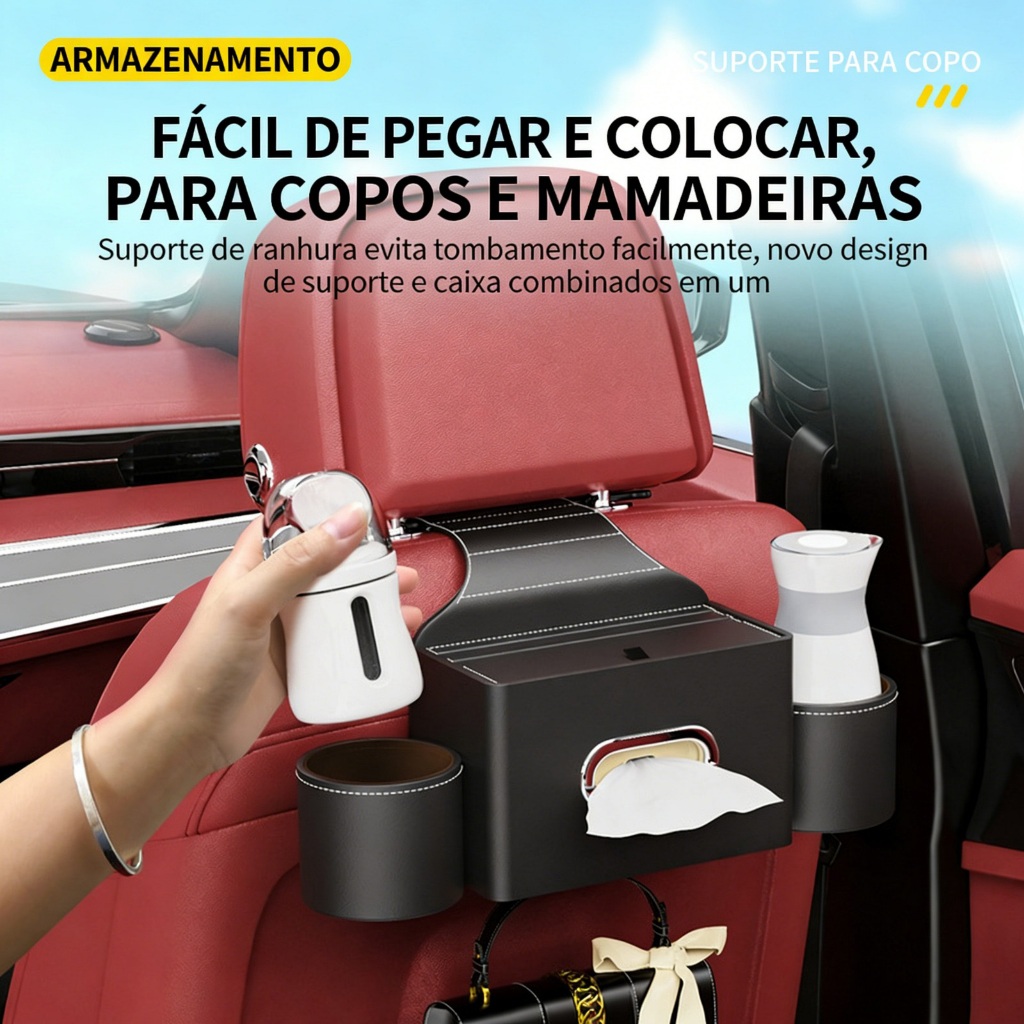 Caixa de Armazenamento para Banco de Carro Bolsa Multifuncional Porta-Lenços Suporte de Copo com Gancho