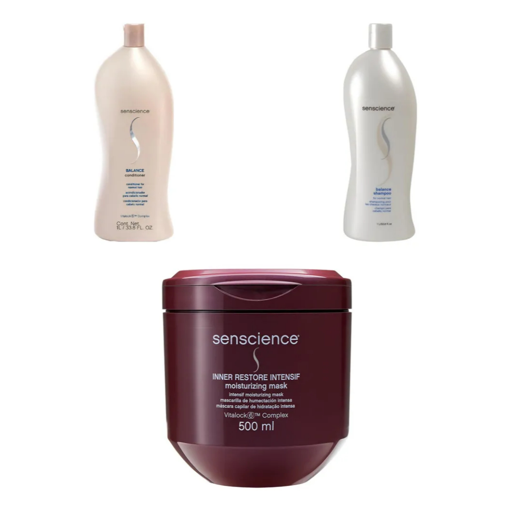 Kit Senscience: Shampoo Balance 1l + Condicionador Balance 1l + Máscara Inner Restore 500ml