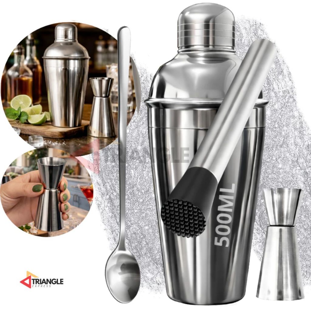 Kit Caipirinha Bartender Inox Coqueteleira 4 peças 500ml - Socador - Dosador Drinks Colher Premium