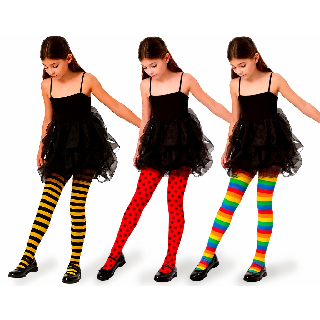 Kit 3 Meia Calça Infantil Fantasia Abelhinha Arco-Íris Joaninha Colorida Cosplay Festa Balé Escolar