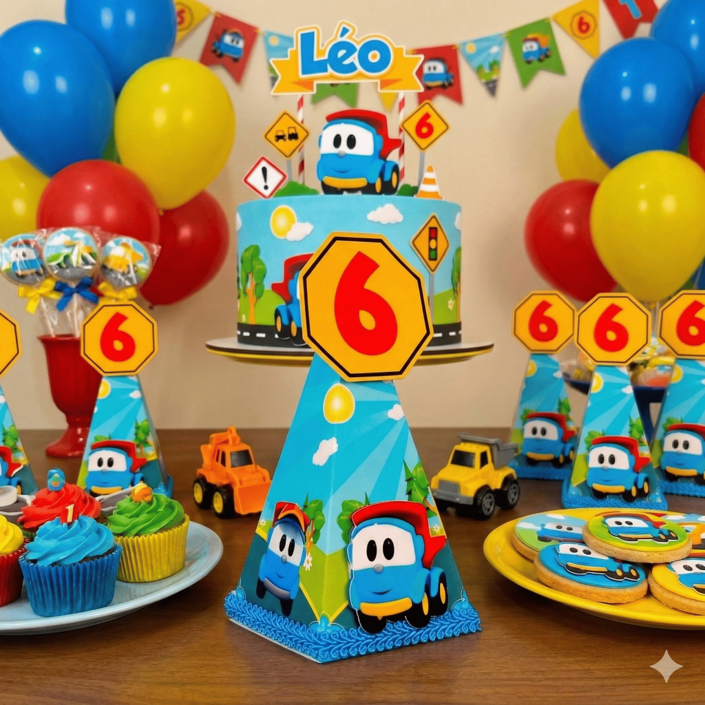 Caixa Pirâmide Cone Leo o Caminhão Personalizados Aniversário Decoração Festa Lembrancinha 3D