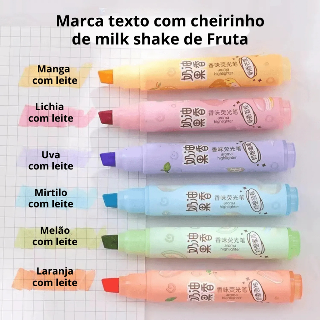 Kit Marca Texto com Cheirinho 6 Cores – Ideal para Volta às Aulas e Presentes Papelaria Fofa Kawaii