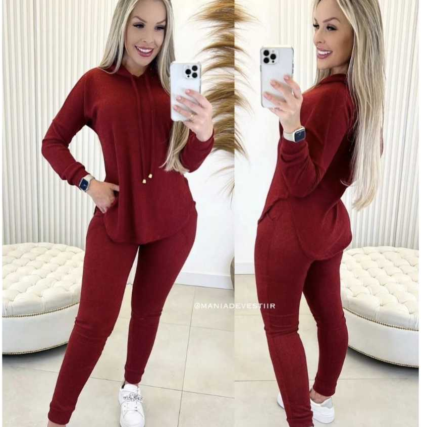 Conjunto Feminino Inverno Lãzinha Manga Longa com Capuz e Calça