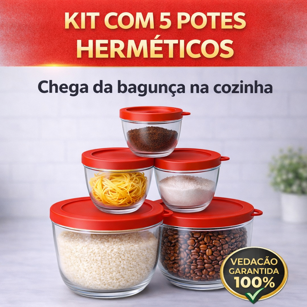 Potes Herméticos de Vidro Kit 5 Unidades com Tampa – Não Vaza, Vedação 100%, Organizador de Cozinha em Oferta na Shopee