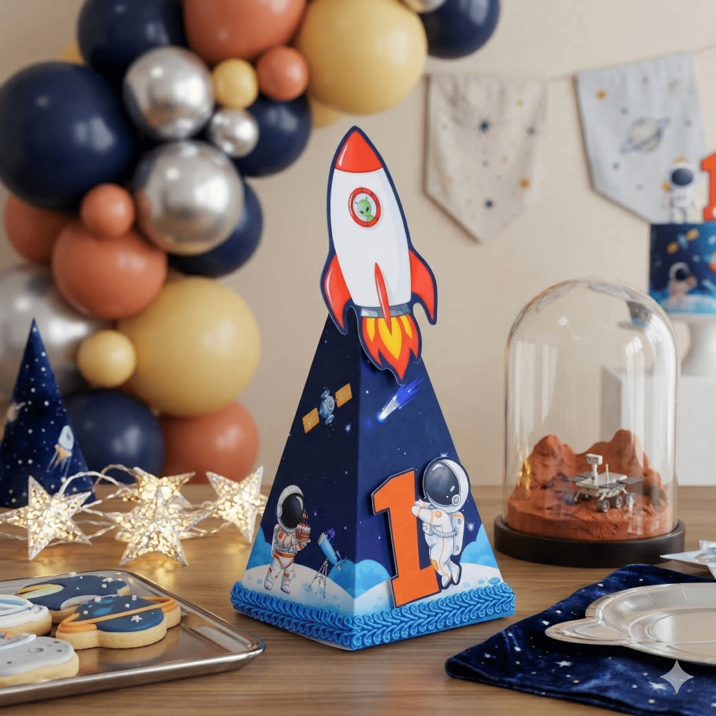 Caixa Pirâmide Cone Astronauta Decoração Aniversário Lembrancinha Menino Personalizado Mesversário