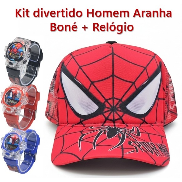 Boné e Relógio Infantil Kit Chapéu Menina Menino Personagem Disney Marvel Homem Aranha Patrulha Canina Barbie Moda Praia