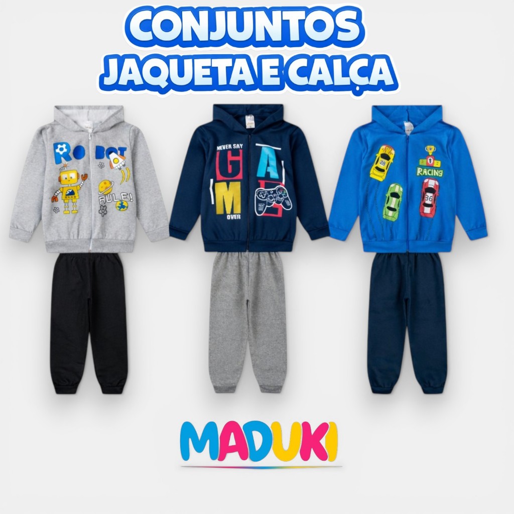 Conjunto com Jaqueta e Calça Premium Infantil Juvenil Masculino Moletom com Ziper e Capuz