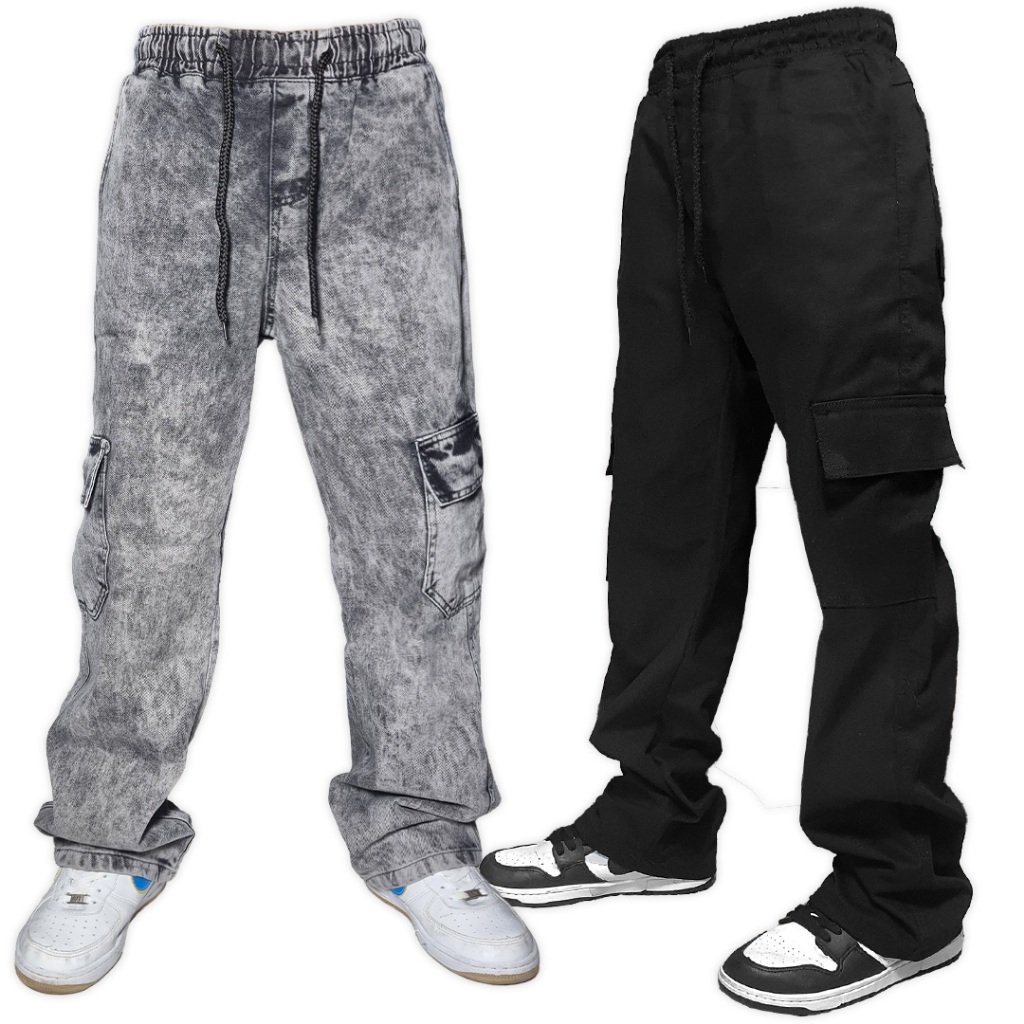 Calça cargo 6 bolsos sarja e denim skatetista barra reta e elastico na cintura