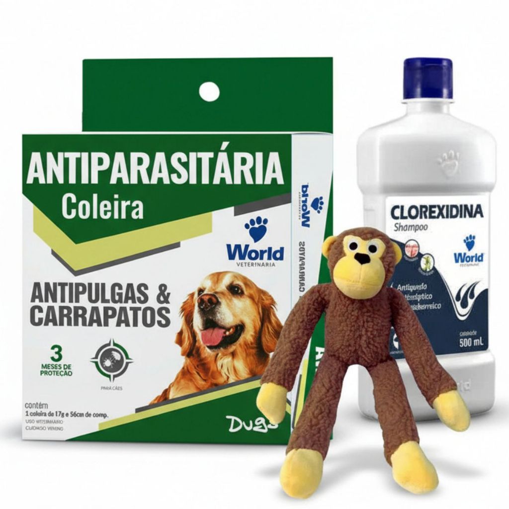 Kit Shampoo Dermatite + Coleira Anti Carrapato + Macaco