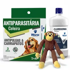 Kit Shampoo Dermatite + Coleira Anti Carrapato + Macaco