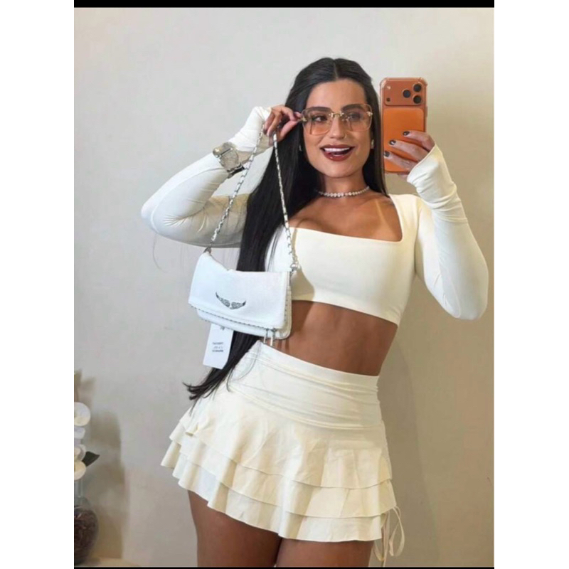 Conjunto  feminino saia short  Mais Cropp manga longa Com bojo Moda Gringa